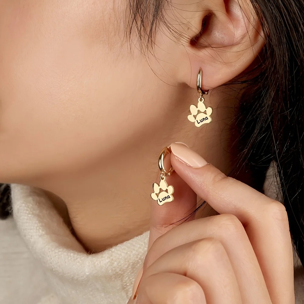 Pet Portrait Custom - Personalized Pet Paw Print Earrings with