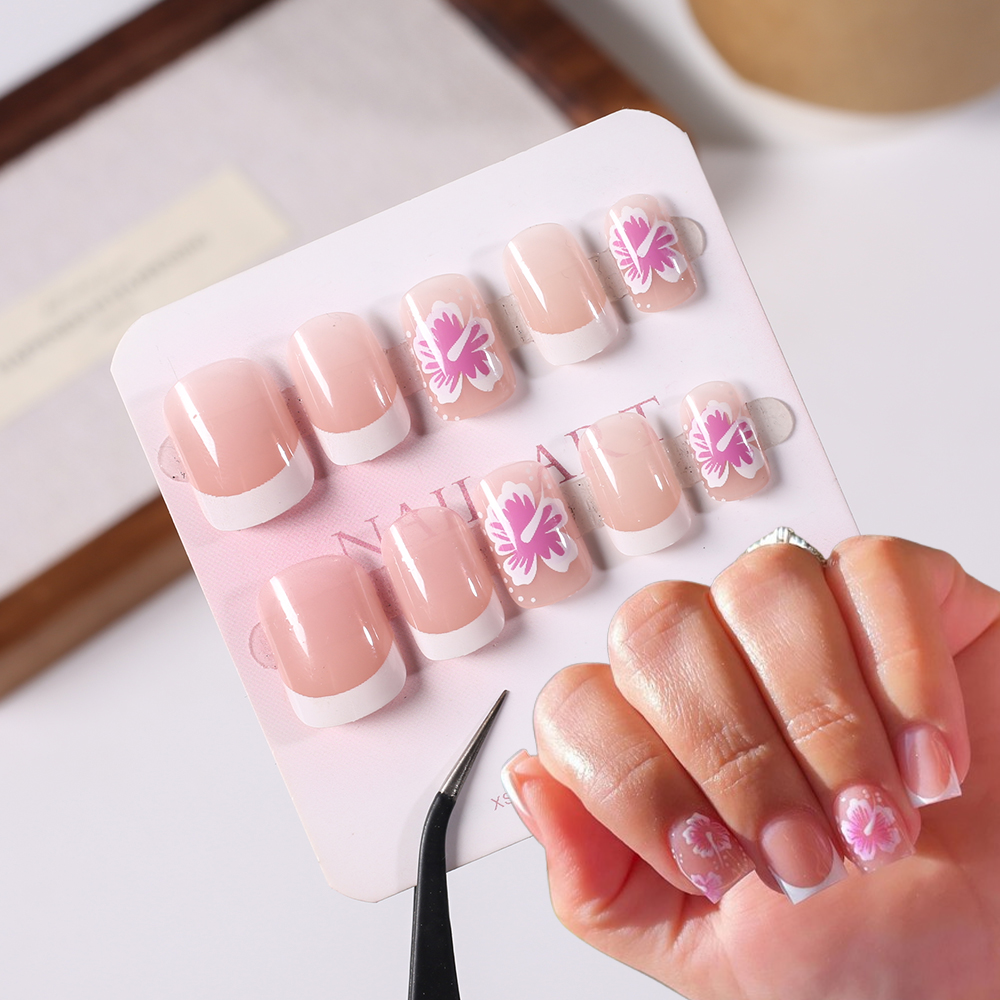 24Pcs French Flower False Nail - Pressed Flower Art avaliação e preço